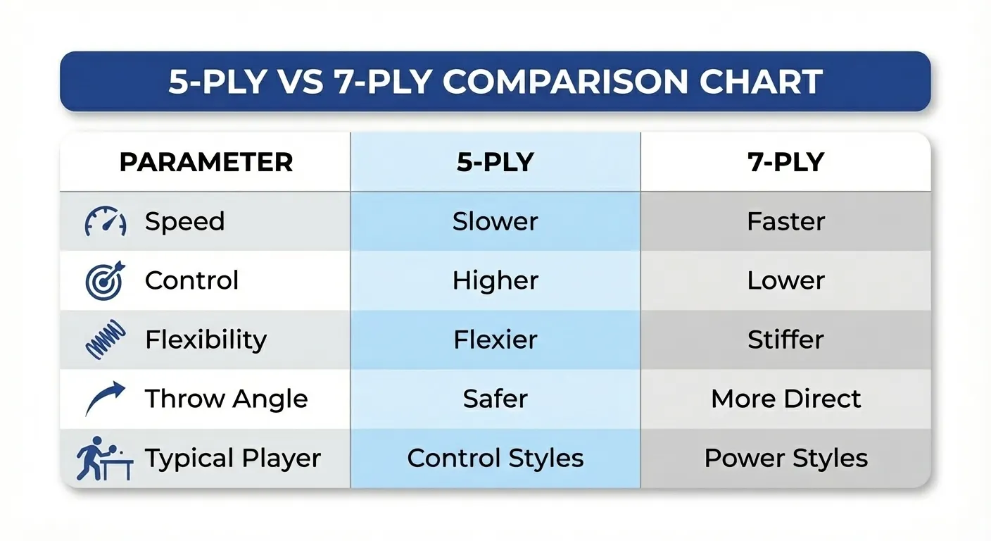Table titled '5-PLY VS 7-PLY COMPARISON CHART' with three columns: Parameter, 5-PLY, 7-PLY. Rows: Speed (5-PLY: Slower, 7-PLY: Faster), Control (Higher / Lower), Flexibility (Flexier / Stiffer), Throw Angle (Safer / More Direct), Typical Player (Control Styles / Power Styles).