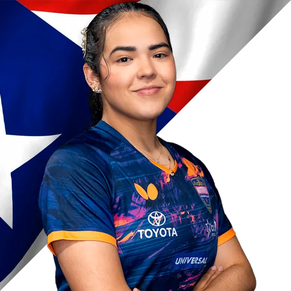 Adriana Díaz portrait in Puerto Rico national jersey with Puerto Rican flag background, Paris 2024 women's singles seed