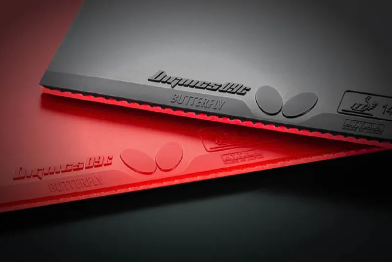 Two Butterfly Dignics 09c table tennis rubber sheets, black and red, showing the topsheet branding and maximum sponge