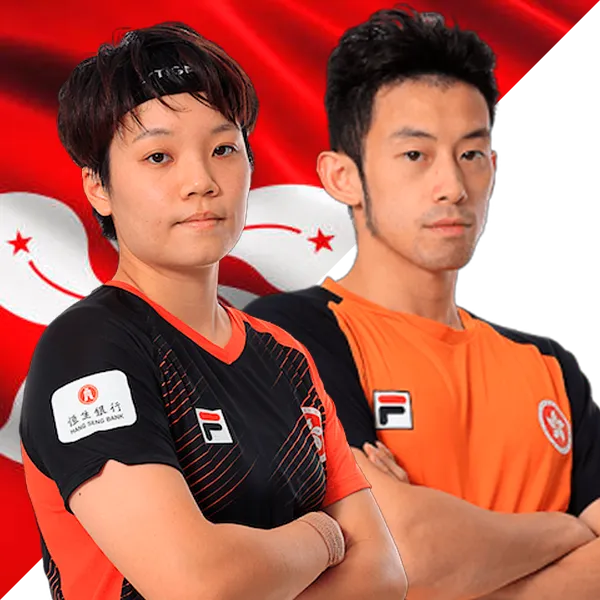 Doo Hoi Kem and Wong Chun Ting portrait in Hong Kong national jerseys, Paris 2024 mixed doubles pair