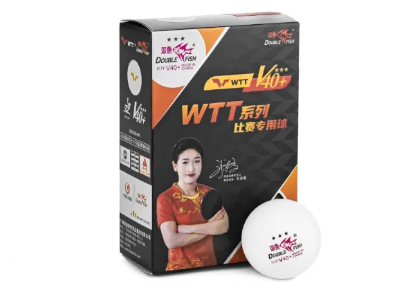 Double Fish V40+ 3-star WTT table tennis ball box alongside a single white 40mm competition ball