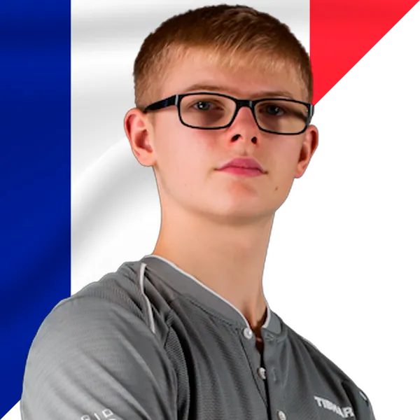 Félix Lebrun portrait in France national jersey with French flag background, Paris 2024 Olympic table tennis seed