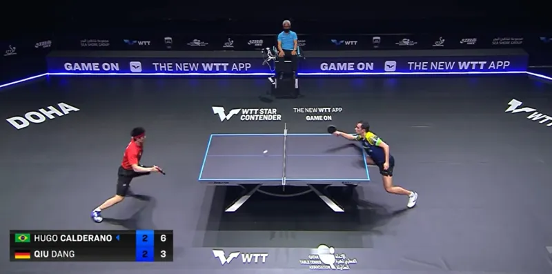 A picture of Hugo showing that the flick he was going to execute for a split of a second was a feint, and he pushes short.