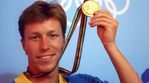 A picture of Jan Ove Waldner when he won the second edition of the Olympic Games