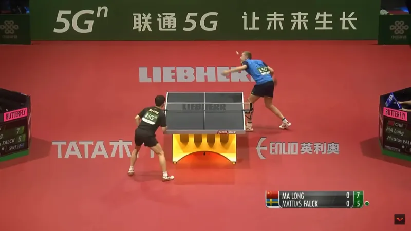 Ma Long and Mattias Falck playing in the final of the 2019 World Championships