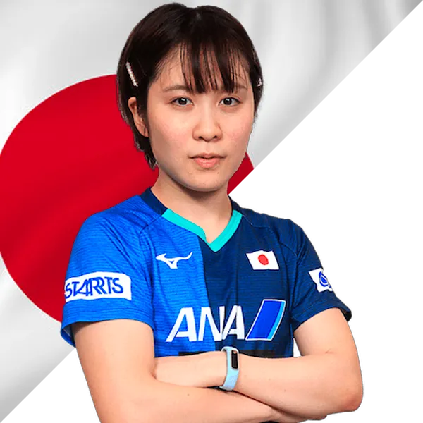 Miu Hirano portrait in Japan national jersey with Japanese flag background, Paris 2024 women's singles seed