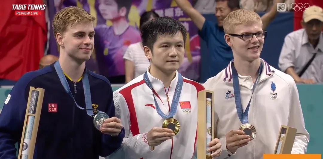 Paris 2024 Olympic Men's Singles Medallists - truls Moregardh, Fan Zhendong, Felix Lebrun