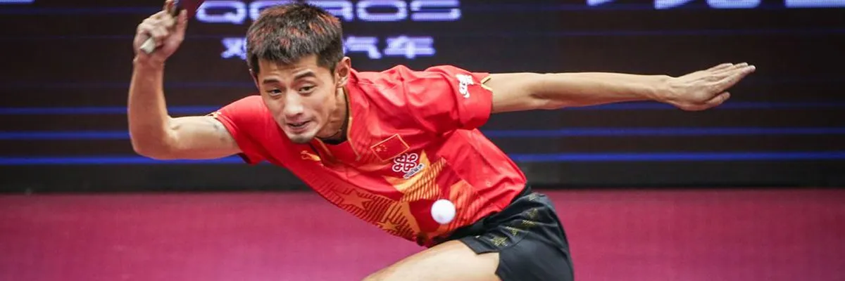 Zhang Jike celebrating a winning point at the Olympic Games