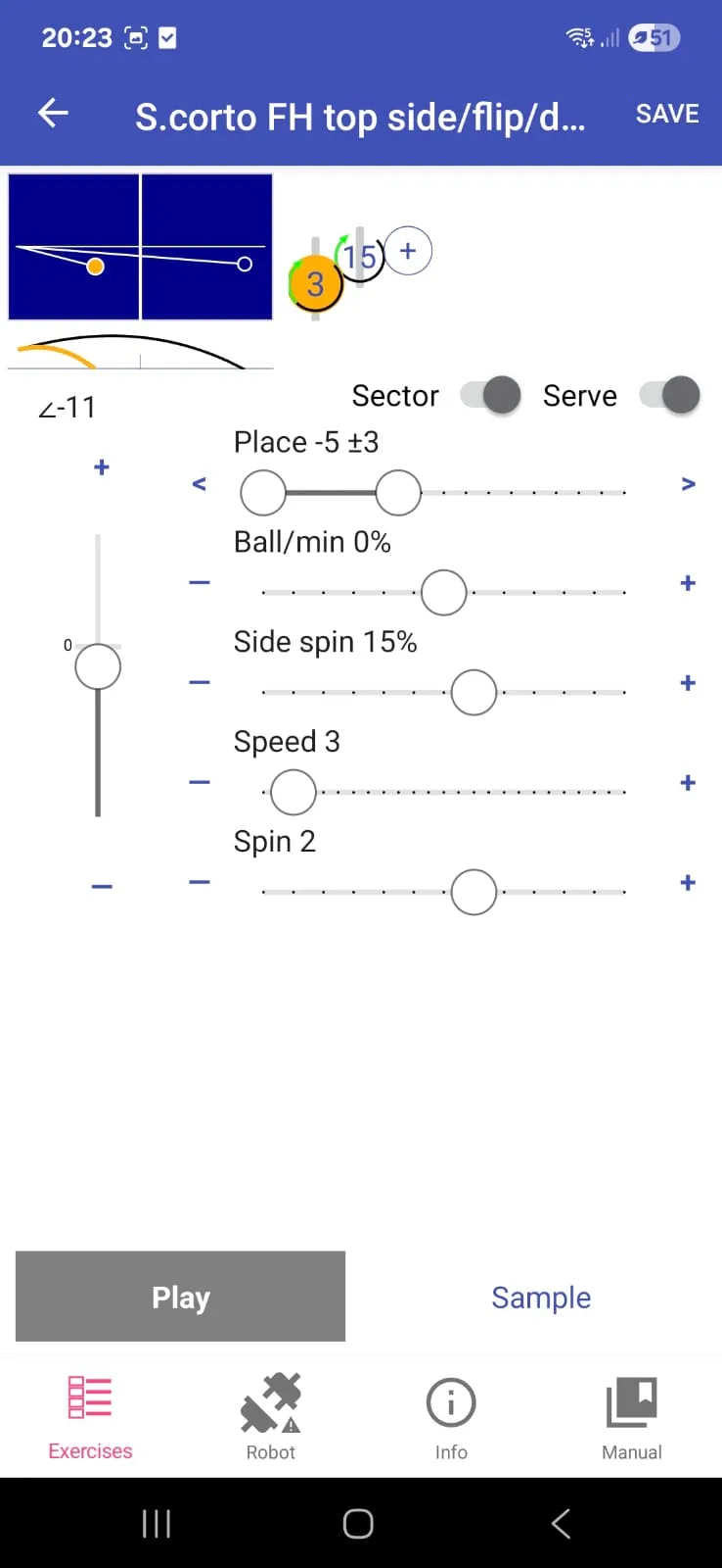 Butterfly Amicus app drill editor screen showing slider controls for placement, ball frequency, side spin, speed and spin, with table diagram and trajectory preview at the top.