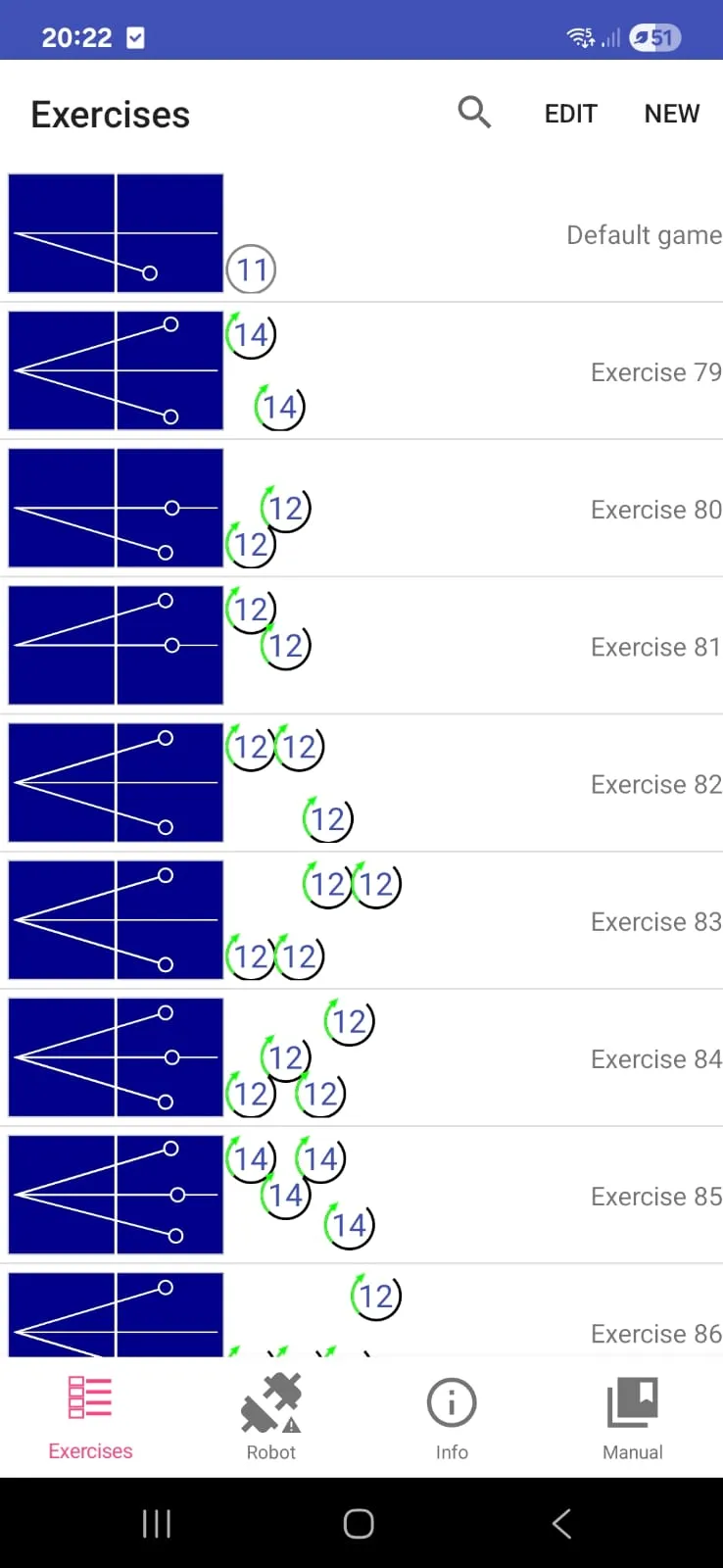 Butterfly Amicus app exercises list screen on an Android phone showing multiple programmed drills with diagrams of ball placement and circular numeric indicators.