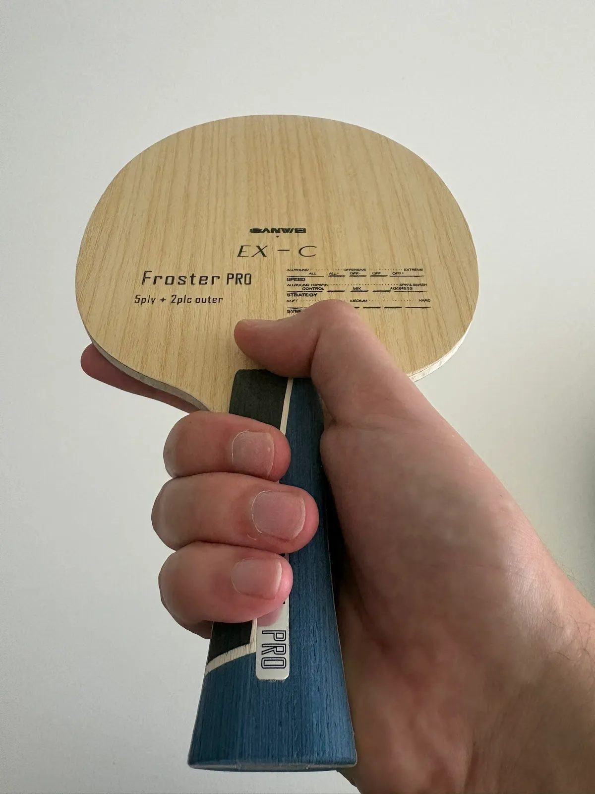 Close-up of a hand holding a wooden table tennis paddle blade with a blue handle labeled 'PRO' and printed text 'Froster PRO' and 'EX-C' on the blade against a plain light background.