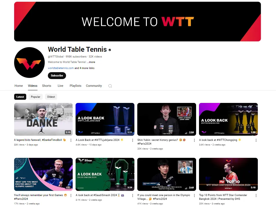 World Table Tennis official YouTube channel homepage showing recent video thumbnails and tournament recaps