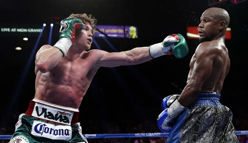 A picture of Floyd Mayweather fighting against Saul Alvarez.