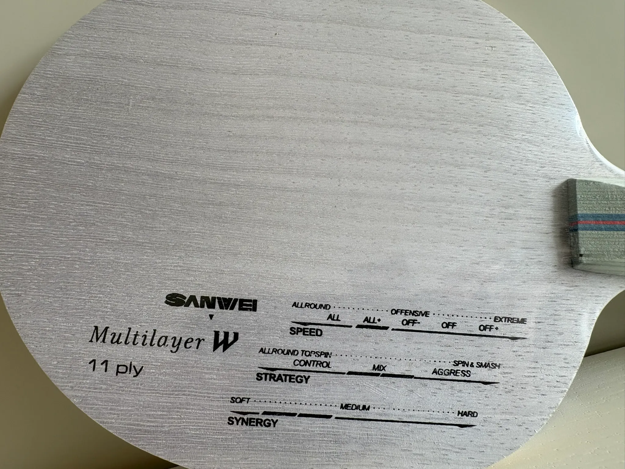 Close-up of the blade face showing the printed Sanwei Multilayer W logo, 11 ply text, and speed, strategy and synergy rating scales.